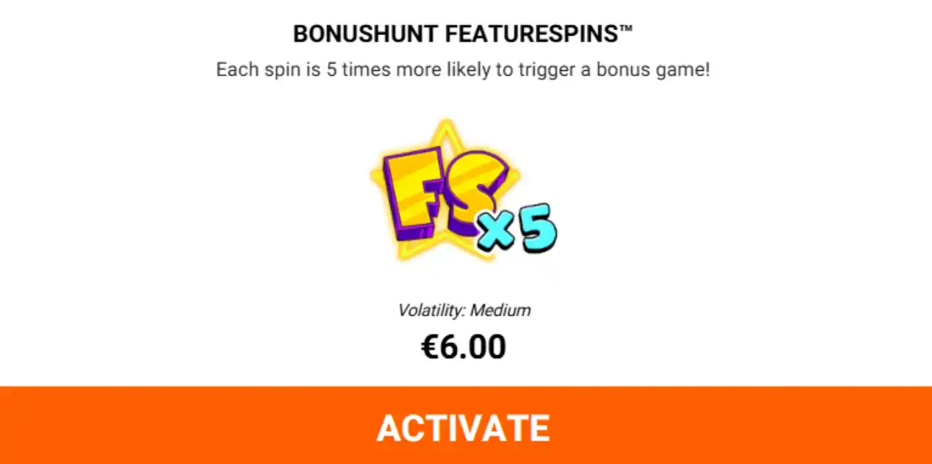 Bonushunt Featurespins screen showing x5 multiplier and €6.00 buy price.