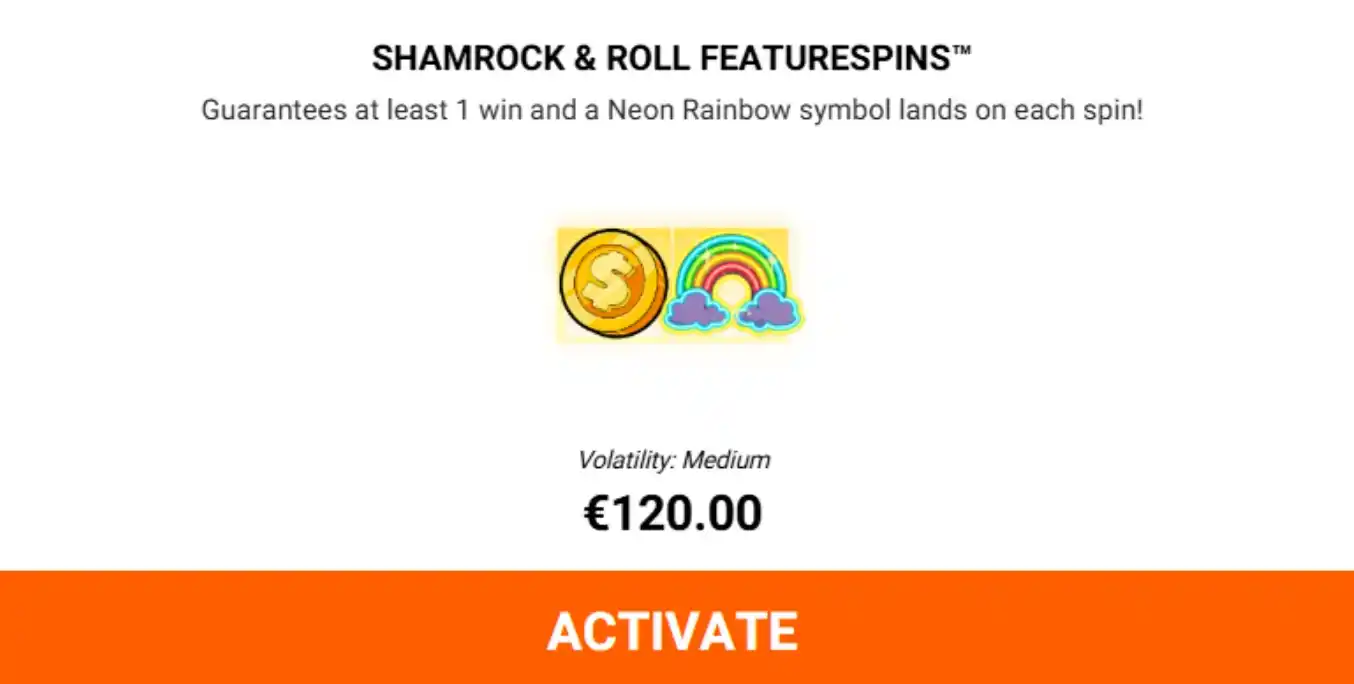 Shamrock & Roll Featurespins screen with rainbow and €120.00 cost.