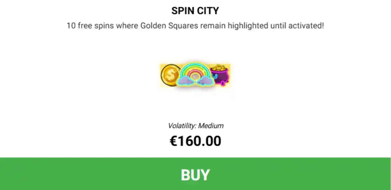 Spin City bonus with highlighted Golden Squares and €160.00 buy option.
