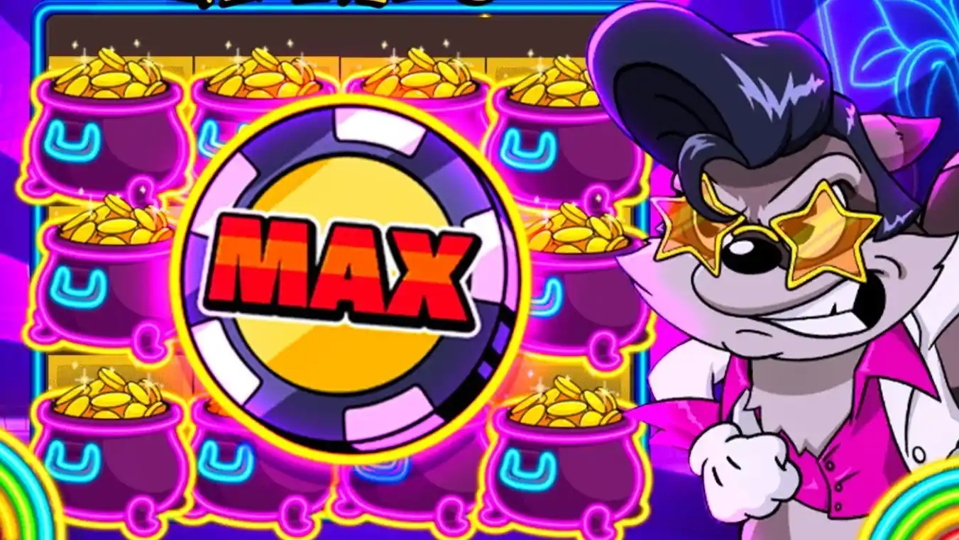 MAX chip hit with gold pots in background and raccoon star character.