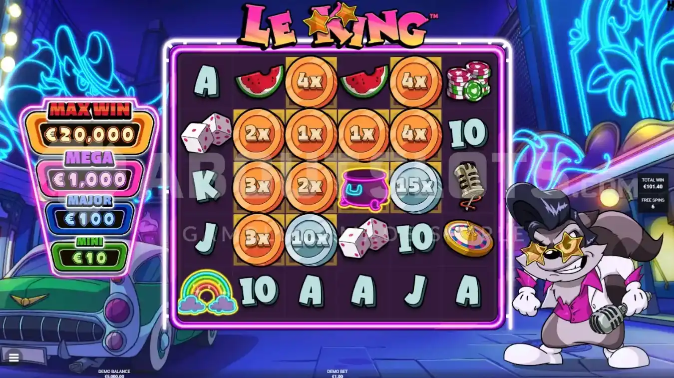 Le King slot gameplay with reels, symbols, and cartoon raccoon character
