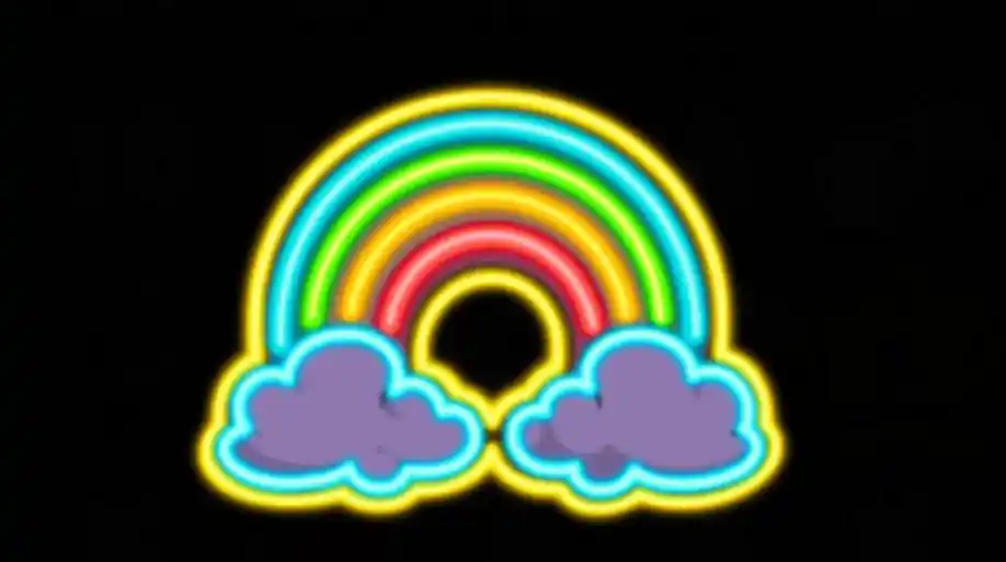 Neon rainbow wild symbol with glowing clouds used in Le King slot